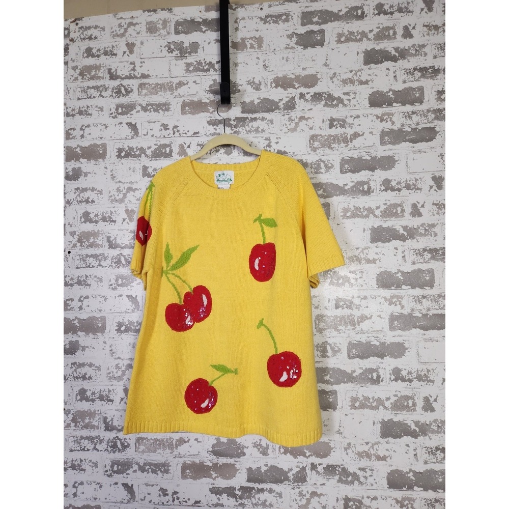 Quacker Factory Sweater Large Yellow Cherry Kitsch Grandmacore Cottagecore